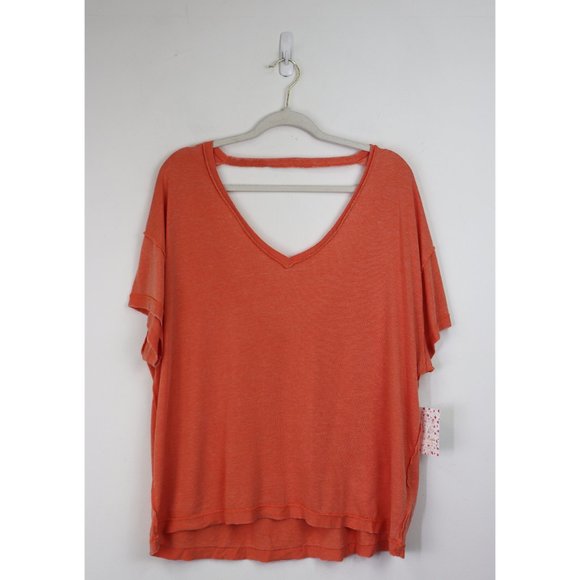 NWT Free People All Mine V Neck Cut Out Raw Cut Tee Apricot Orange Pink Large - Picture 2 of 8